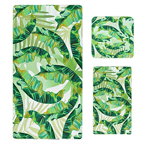 3Pcs Green Leaf Bathroom Towel Set Include Beach Towel, Hand Towel And Wash Towel, Tropical Leaf Bath Towel Set For Bathroom Decor, Super Soft Water Absorbent Beach Towel For Travel, Swim, Sport #TOP7