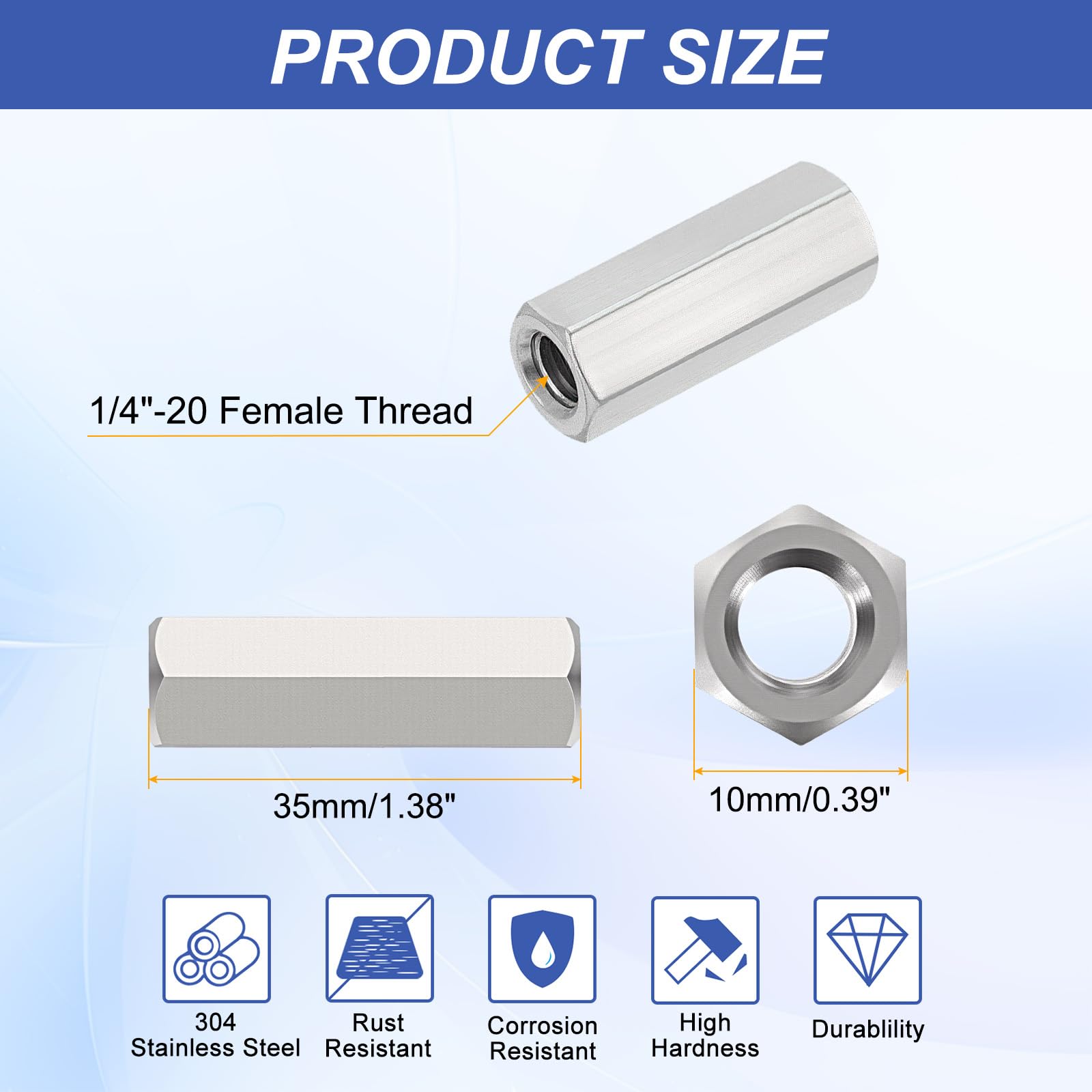 HiPicco Hex Coupling Nuts, 1/4-20 UNC 35mm/1.38" Length, 12 Pack 304 Stainless Steel Rod Coupling Nut for Threaded Rods & Studs - Image 2