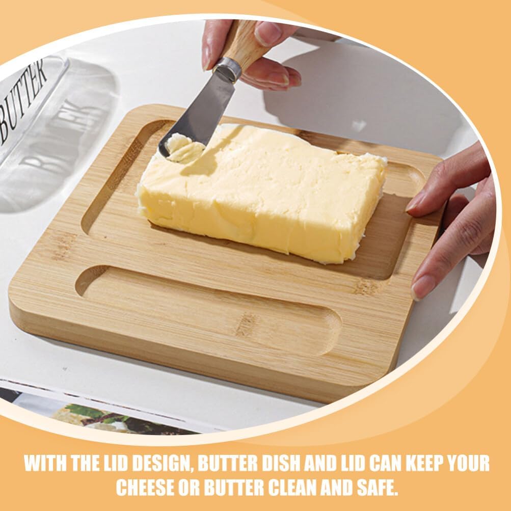 Cabilock Farmhouse Butter Dish with Lid Butter Dish with Lid and Knif e for Countertop Refrigerator, Wood Butter Holder with Glass Cover Knob Handle for Butter Stick Cheese Fruit Cake