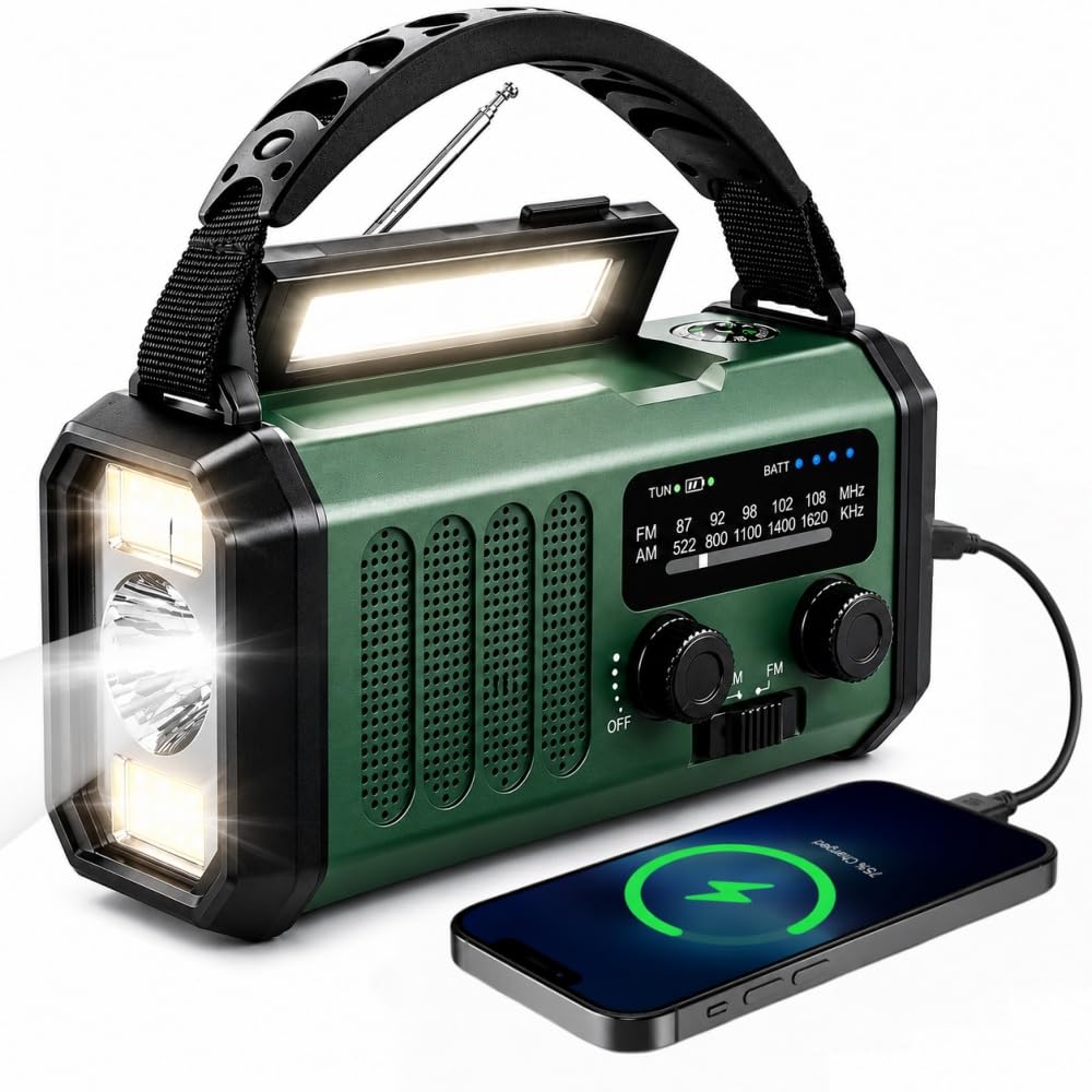 Radio de Emergencia Solar y Manivela 20000mAh, Radio FM/Am Portátil con Linterna, Luz de Lectura, SOS y Cargador USB para Apagones, Camping y Emergencias