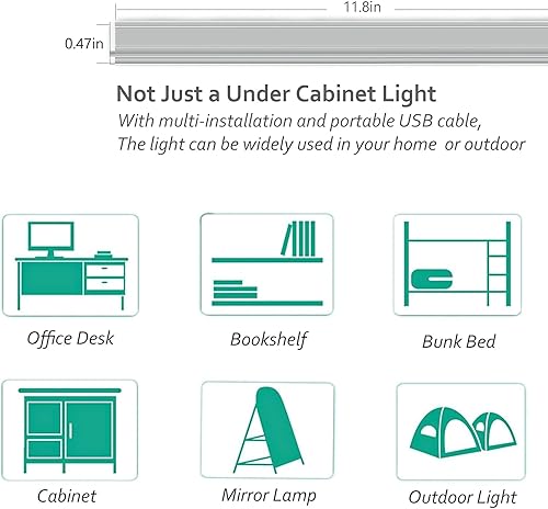 Miniatura 3 de ASOKO Under Cabinet Led Lighting, 12 Inch Light Strip Bar, Cool White 6000K Dimmable Plug in USB Light, Small Thin Led Under Counter Lighting for