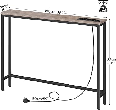 HOOBRO Slim Console Table with Charging Station, Narrow Behind Sofa Table with USB Ports and Power Outlets, 100 cm Long, Hallway Table for Entryway, Small Spaces, Greige EBG51KXG01