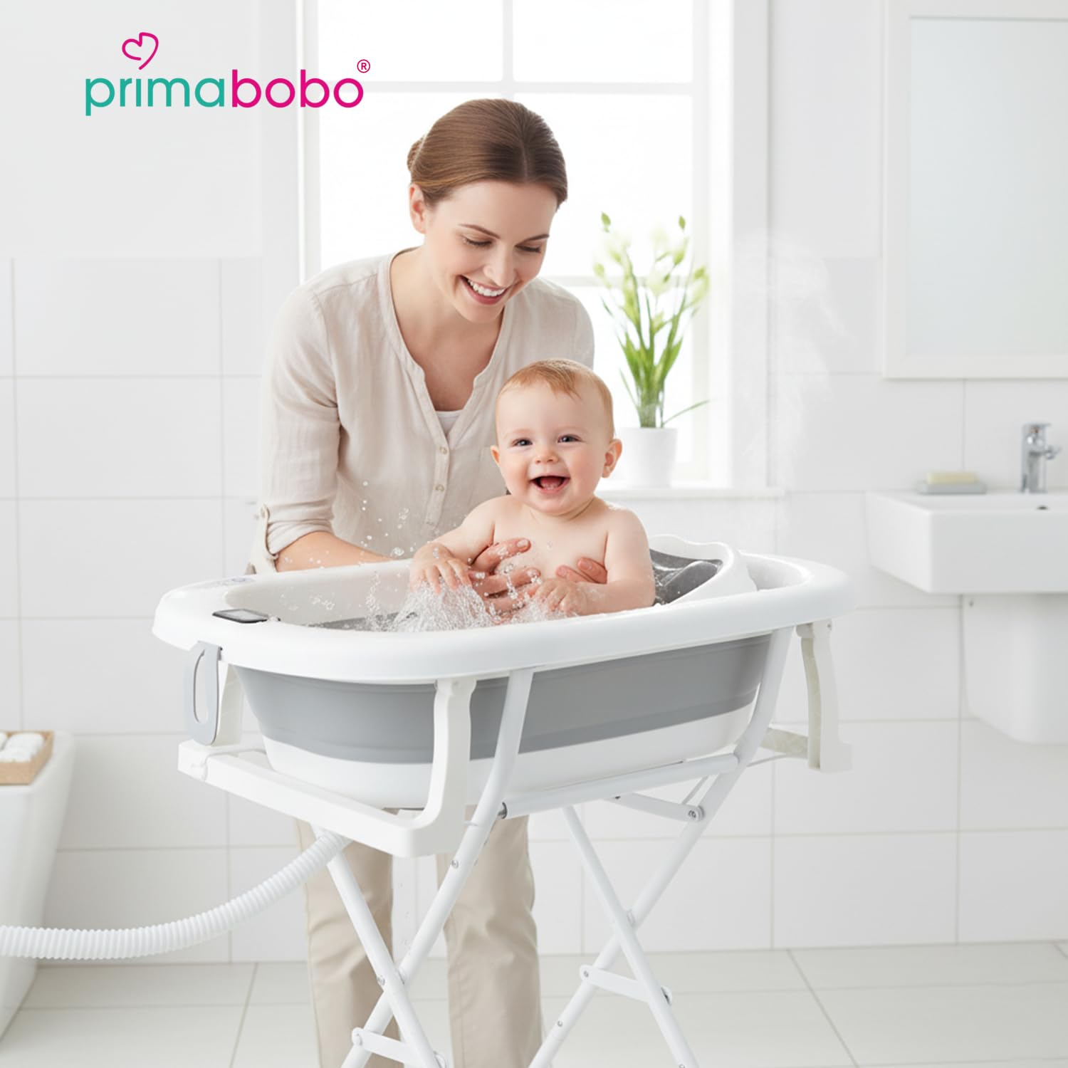 Primabobo Milo Faltbare Babybadewanne mit Gestell und Badesitz, Elektronischem LCD-Thermometer und Ablaufschlauch, Stabiles Bade-Set für Neugeborene und Babys, Grau