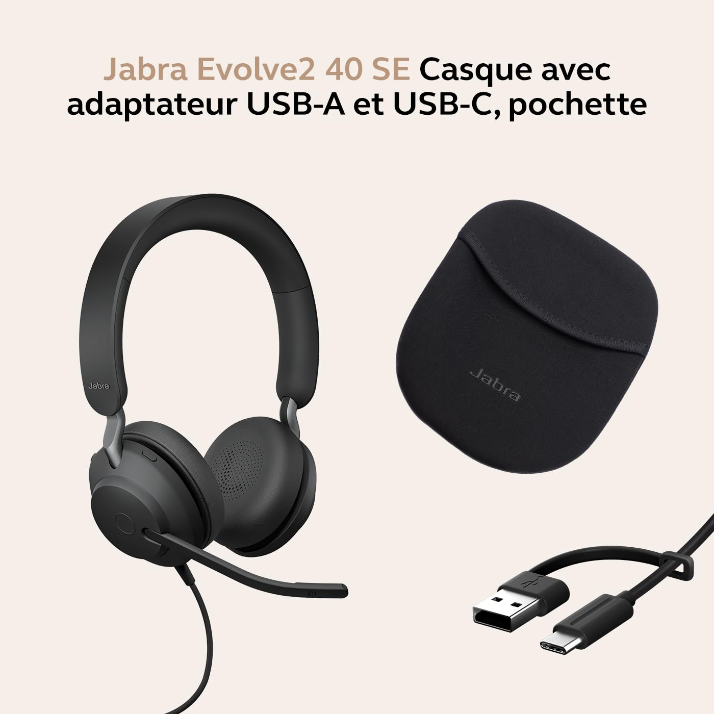 Jabra Evolve2 40 SE Casque stéréo Filaire avec réduction du Bruit, Technologie à 3 Microphones et câble USB-C - Certifié MS Teams, Compatible avec Toutes Les Autres Plateformes - Noir