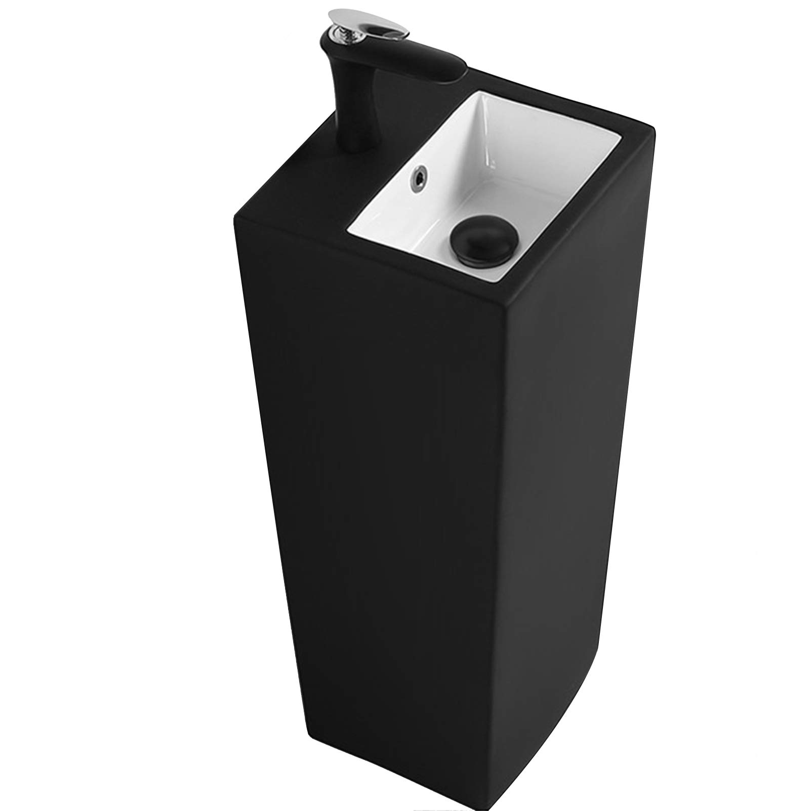 WDSOPK Ceramic Pedestal Bathroom Sink, Modern Siamese Sink Vessel with Overflow Drain for Bathroom, Balcony, Dining Room,Black,C, Gray (Black A)