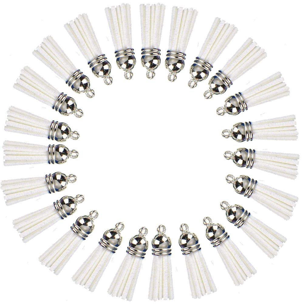 Keychain Tassels Leather Tassel Pendants with Silver White Caps,Tassel Charm for Jewelry Making Keychain Bracelets Ring Crafts -30pcs(1-1/2 inch,Blue) (White)