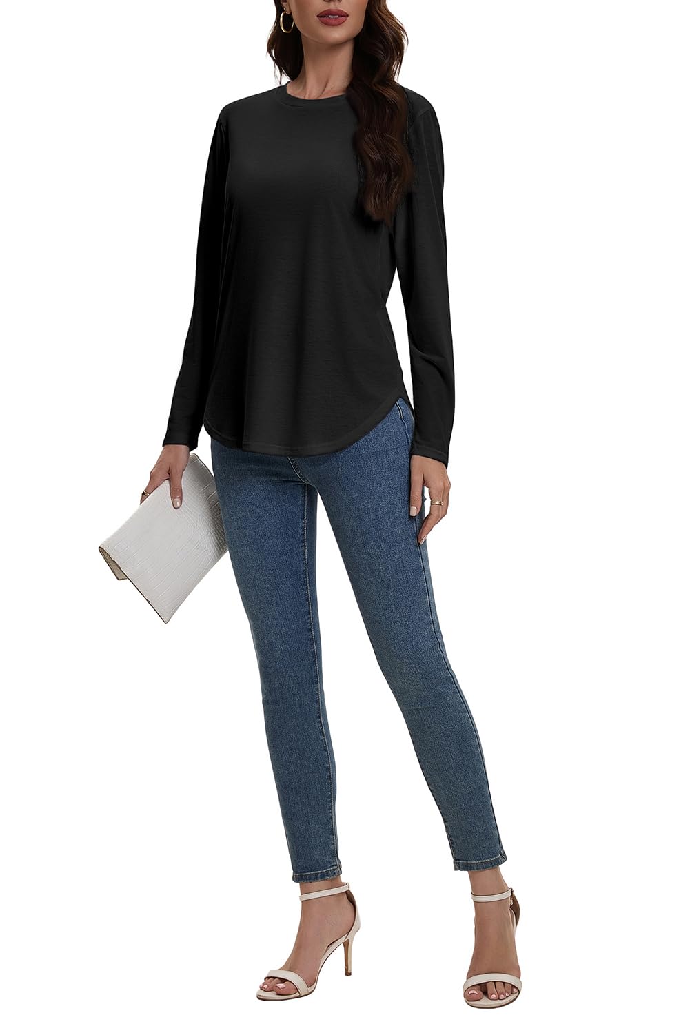 AirMood Maglietta casual da donna a maniche lunghe, tinta unita, girocollo, vestibilità ampia
