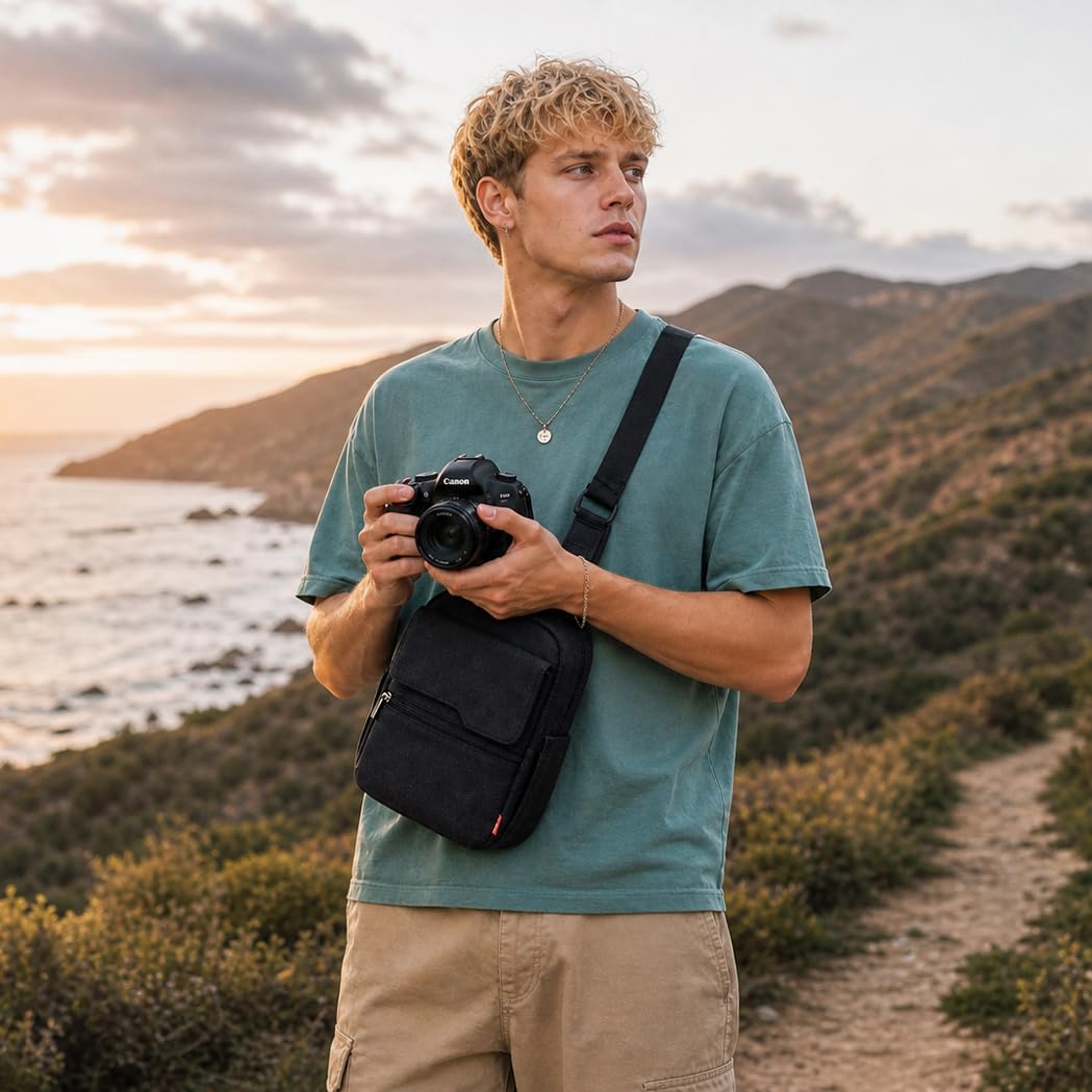 Cwatcun Borsa per fotocamera, borse impermeabili per fotocamera Borsa a tracolla grande, borsa per fotocamera per SLR, SLR/DSLR, fotocamera compatta, fotocamera di sistema e accessori, Nero,L