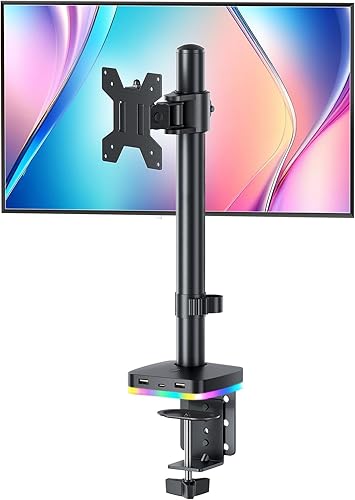 Miniatura 10 de Soporte RGB para un solo monitor, brazo de monitor con 3 puertos USB, función de carga y transferencia de datos USB, soporte de escritorio ajustable