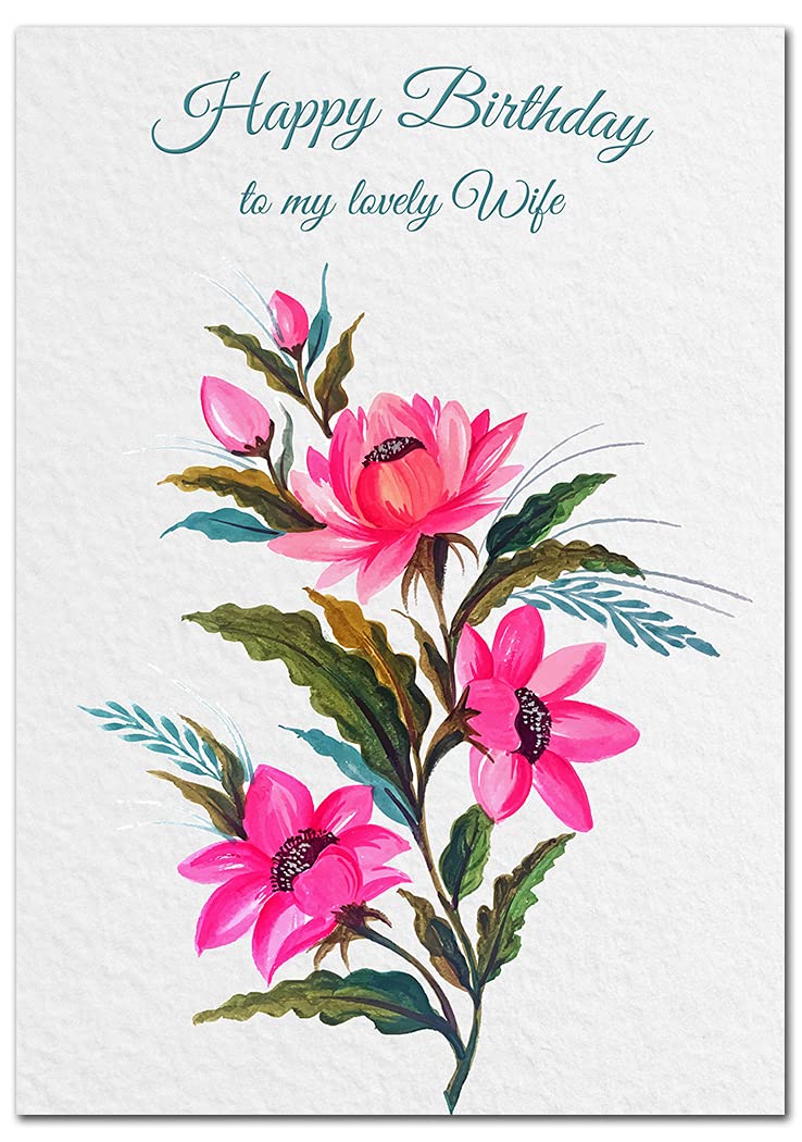 Extra Large Wife Birthday Card - XL Big thick A4 size - Special Beautiful Greeting for Women Her Female - Pretty Pink Flower Watercolour Art - Nice Huge Happy Wishes - UK Eco-Friendly