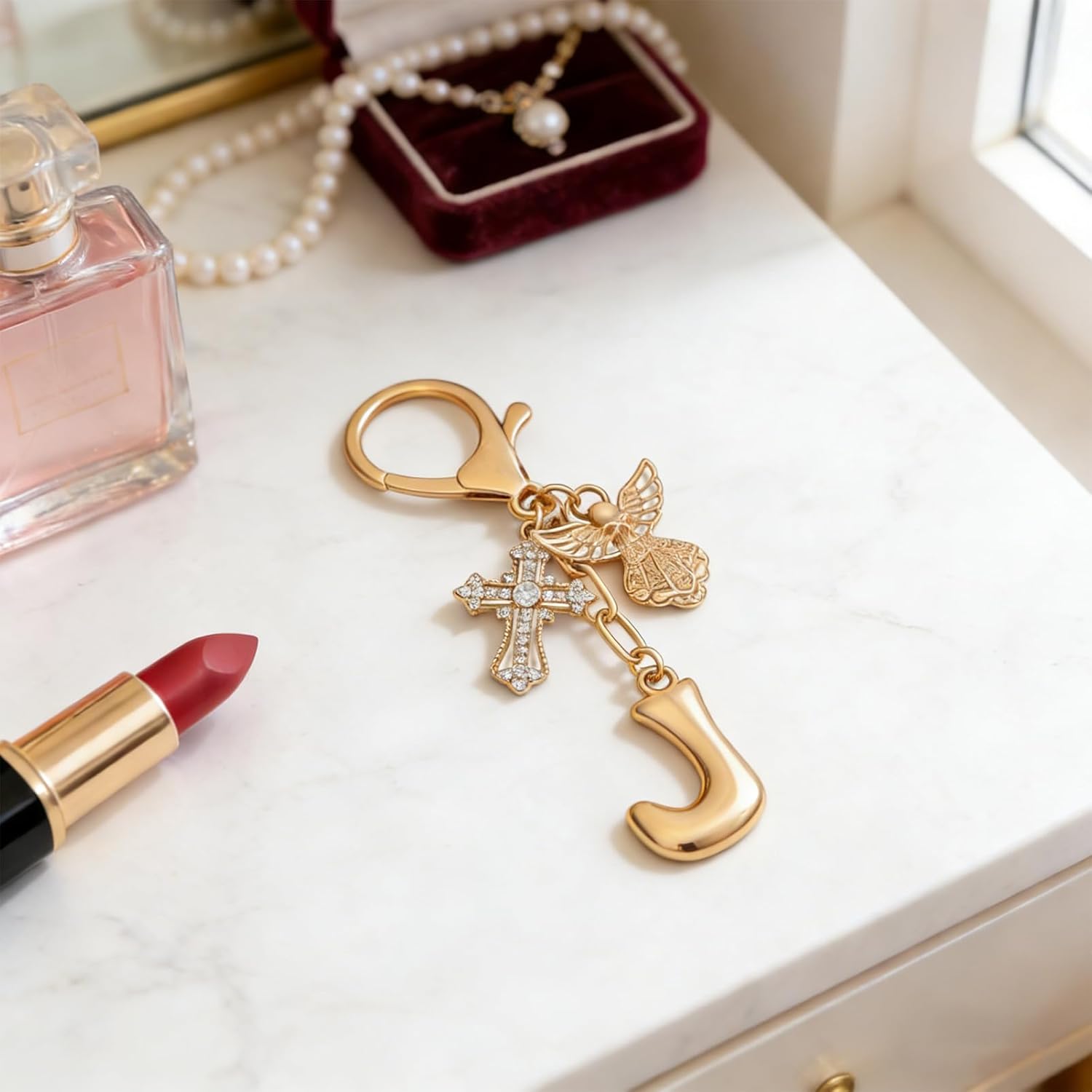 Snycler Angel Initial Keychain with Cross Pendant - Personalized Gold Letter Bag Charm for Women, Spiritual Gift, Cute Purse - Image 3