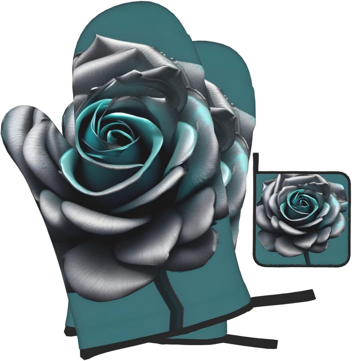 Teal Gray Rose Flower Print Heat Resistant Microwave Gloves, Used for Baking, Cooking, and Fashion Kitchen Essentials