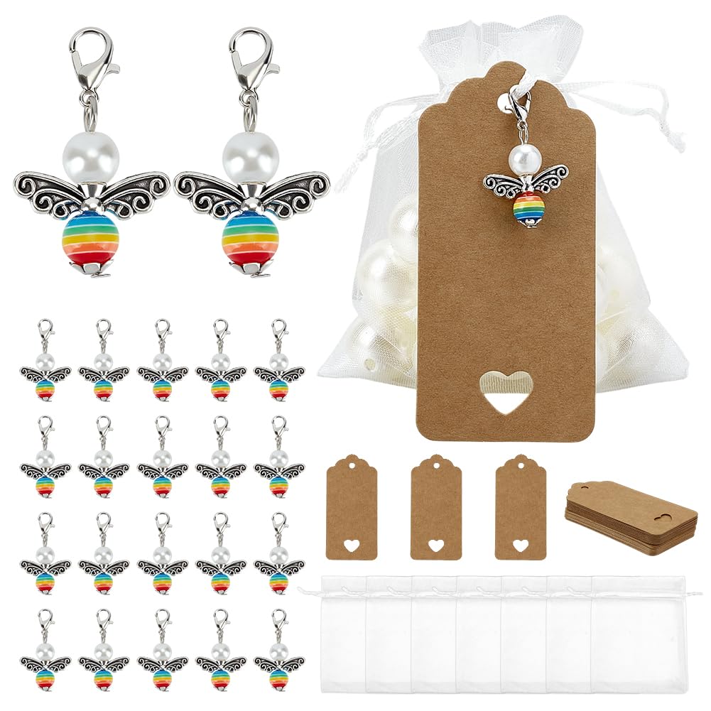 PH PandaHall 30 Sets Angel Keychain Favors Organza Gift Bags Celebration of Life Favors Pearl Angel Keyrings Baptism Favors with Blank Tags for Memorial Party Guest Return Christmas Wedding Gift