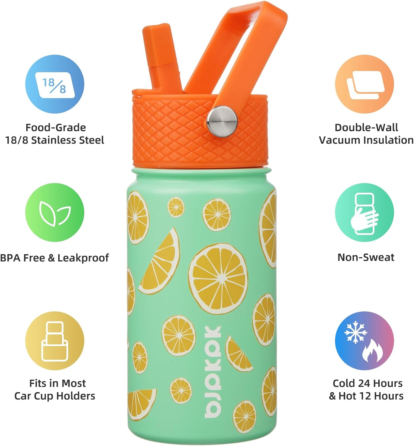 BJPKPK Insulated Water Bottle with Straw Lid, 15 oz Stainless Steel Metal Water Bottles, Reusable Leak Proof BPA Free Thermo, Flask, Cups - Elegant Lemon - Image 3