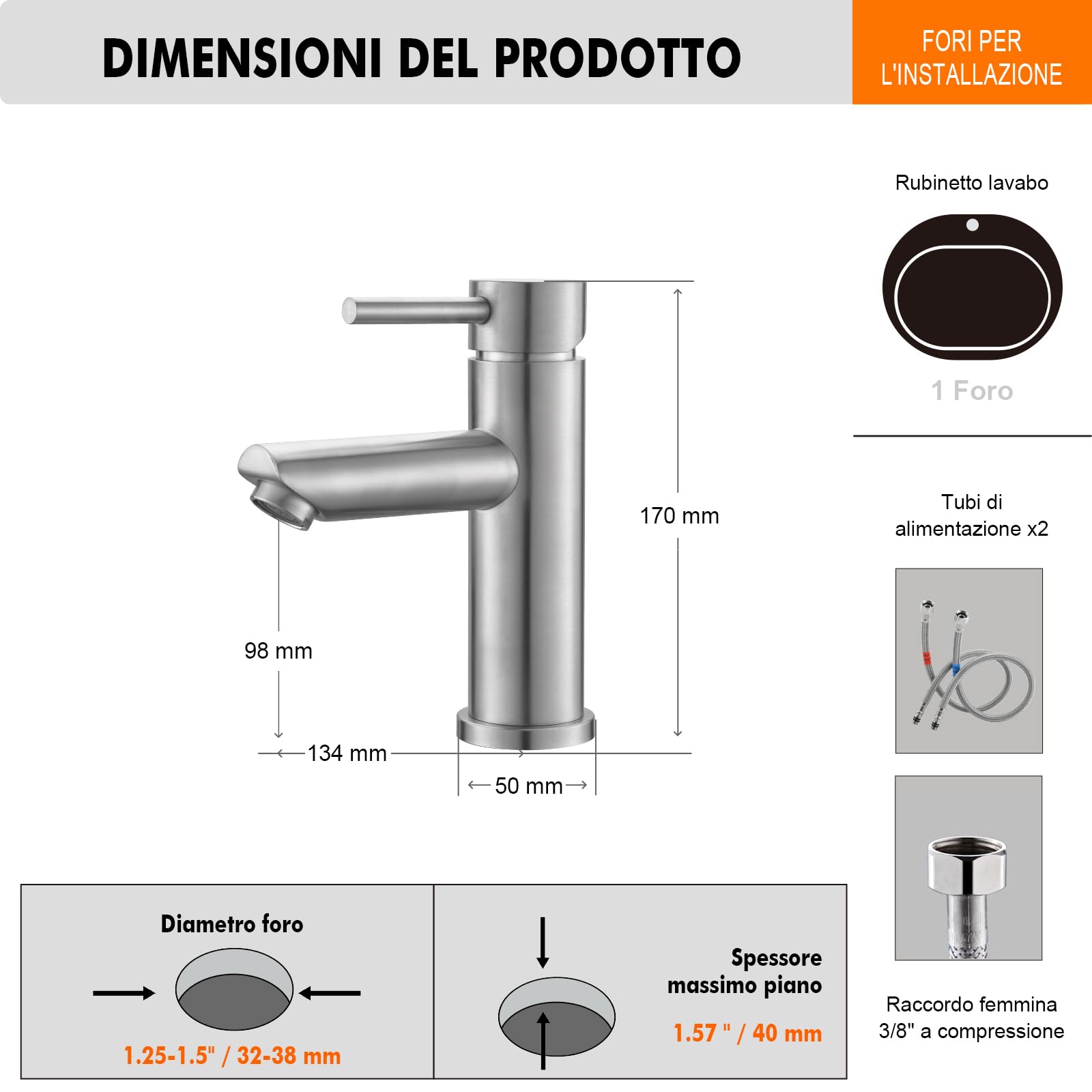 Ibergrif Rubinetto Bagno Lavabo Monocomando, Design Moderno in Acciaio Inox Antimpronta Grigio, Facile Installazione, M11103