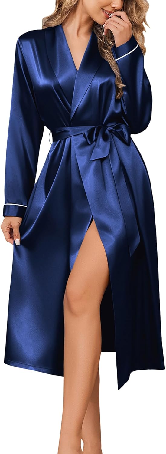 Ekouaer Silk Robes for Women Shawl Collar Satin Bathrobe Long Bride Wedding Party Robe Lightweight Sexy Sleepwear S-XXL