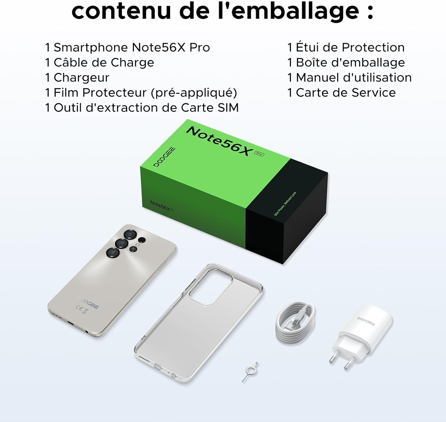 Contents of the DOOGEE Note56X Pro retail box.