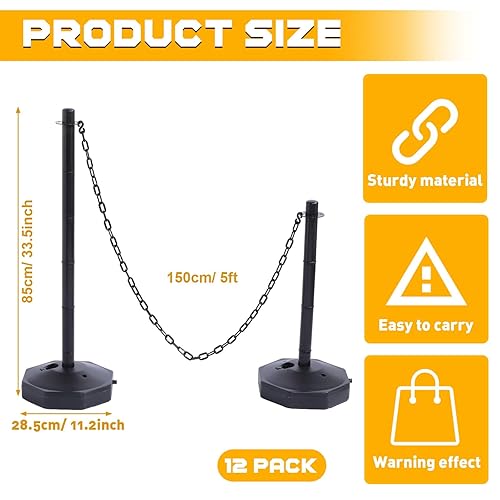 Miniatura 2 de Geiserailie Paquete de 12 postes de puntal de plástico, barreras de control de multitudes con base rellenable, cadena de 5 pies, puntal de barricada