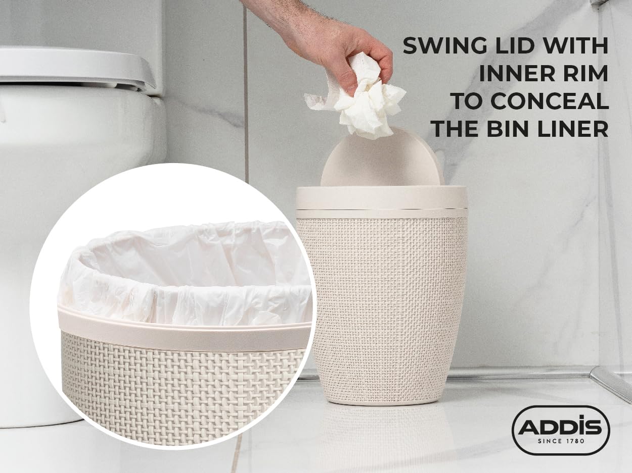 Addis Faux Hessian Round Swing Lid Plastic Bathroom Bedroom Home Office Bin, 5 Litre Capacity, Clean White