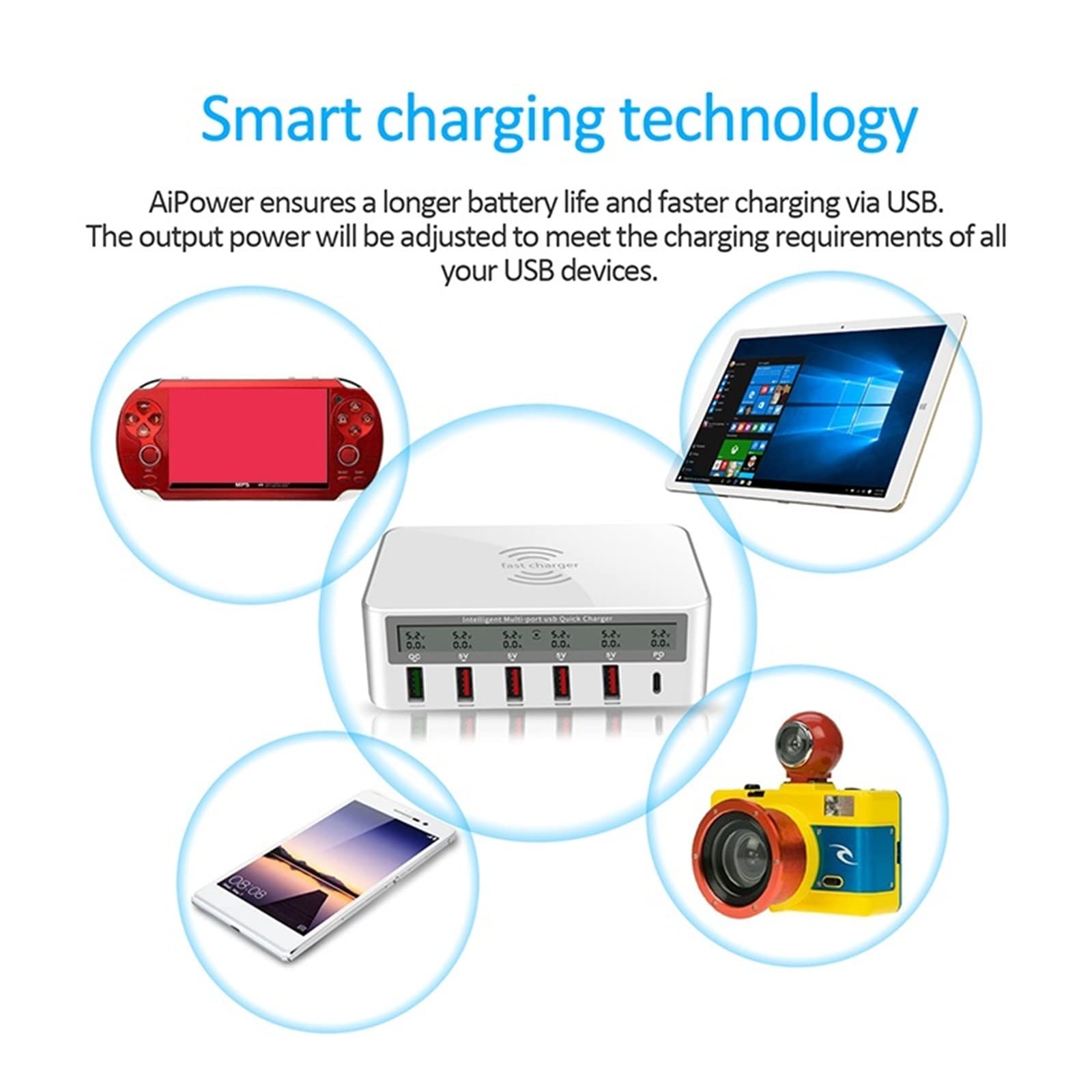 Chargeur USB, Station de charge USB 40 W, 6 ports USB rapides for station d'accueil, chargeur sans fil, organiseur de chargeur multi-appareils for téléphones, tablettes, smartphones(White wireless)