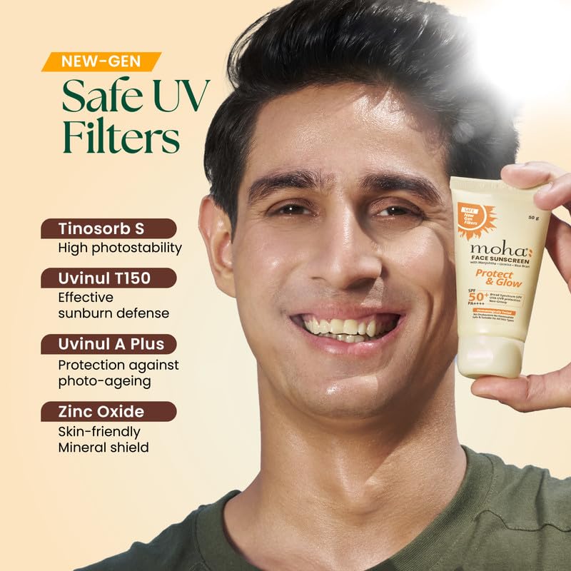 Image of Moha Face Sunscreen SPF 50+ PA++++ Pack Of 1, 50 g Photostable New-Gen UV Filters with Photoageing Repair Benefits | pH Balanced | Lightweight Sunscreen Lotion | Non-Comedogenic | For Sensitive Skin.