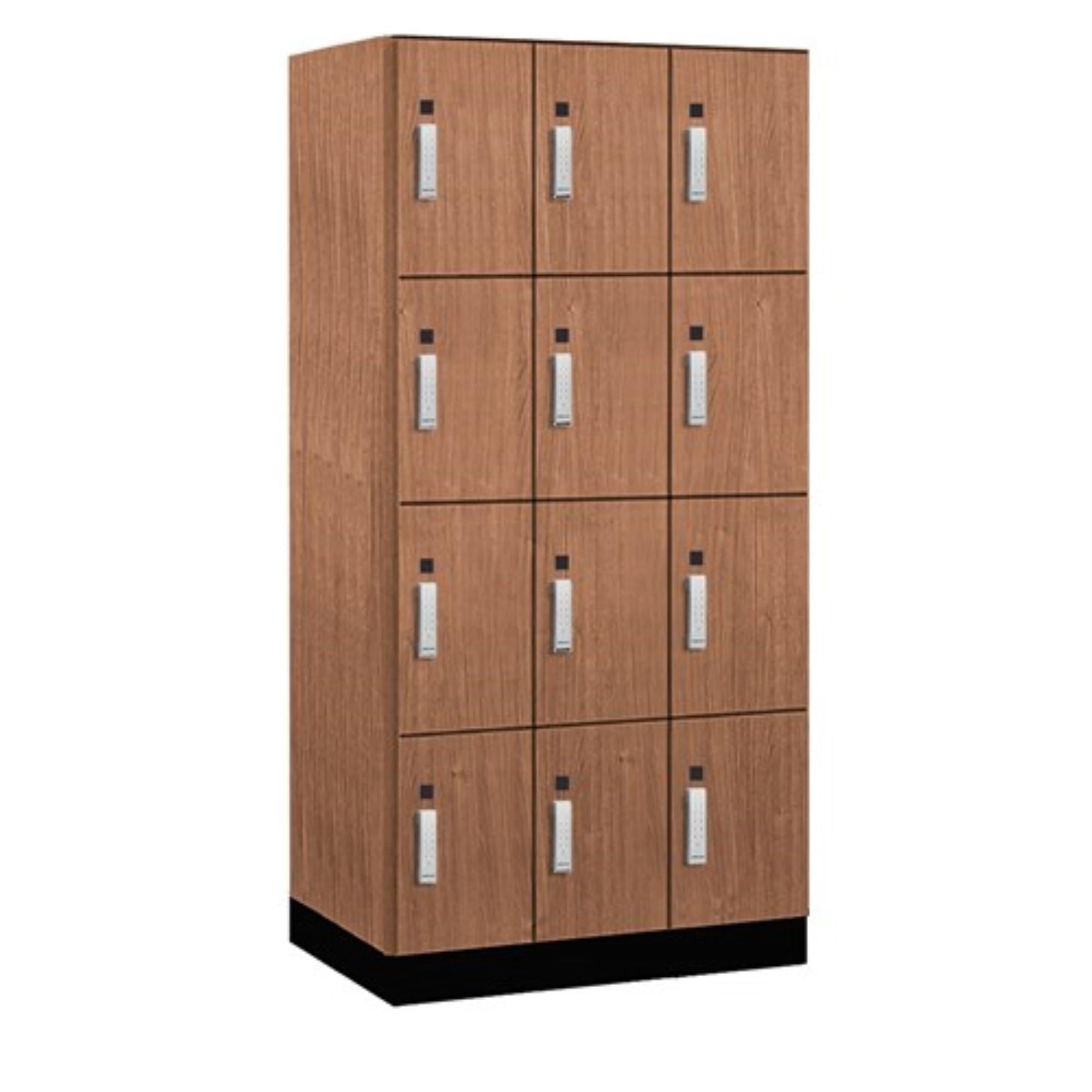 Salsbury 12 Wide Premier Wood Locker-Four Tier-3 Wide-6 Feet High-21 Deep-Red Oak-Silver Electronic Locks