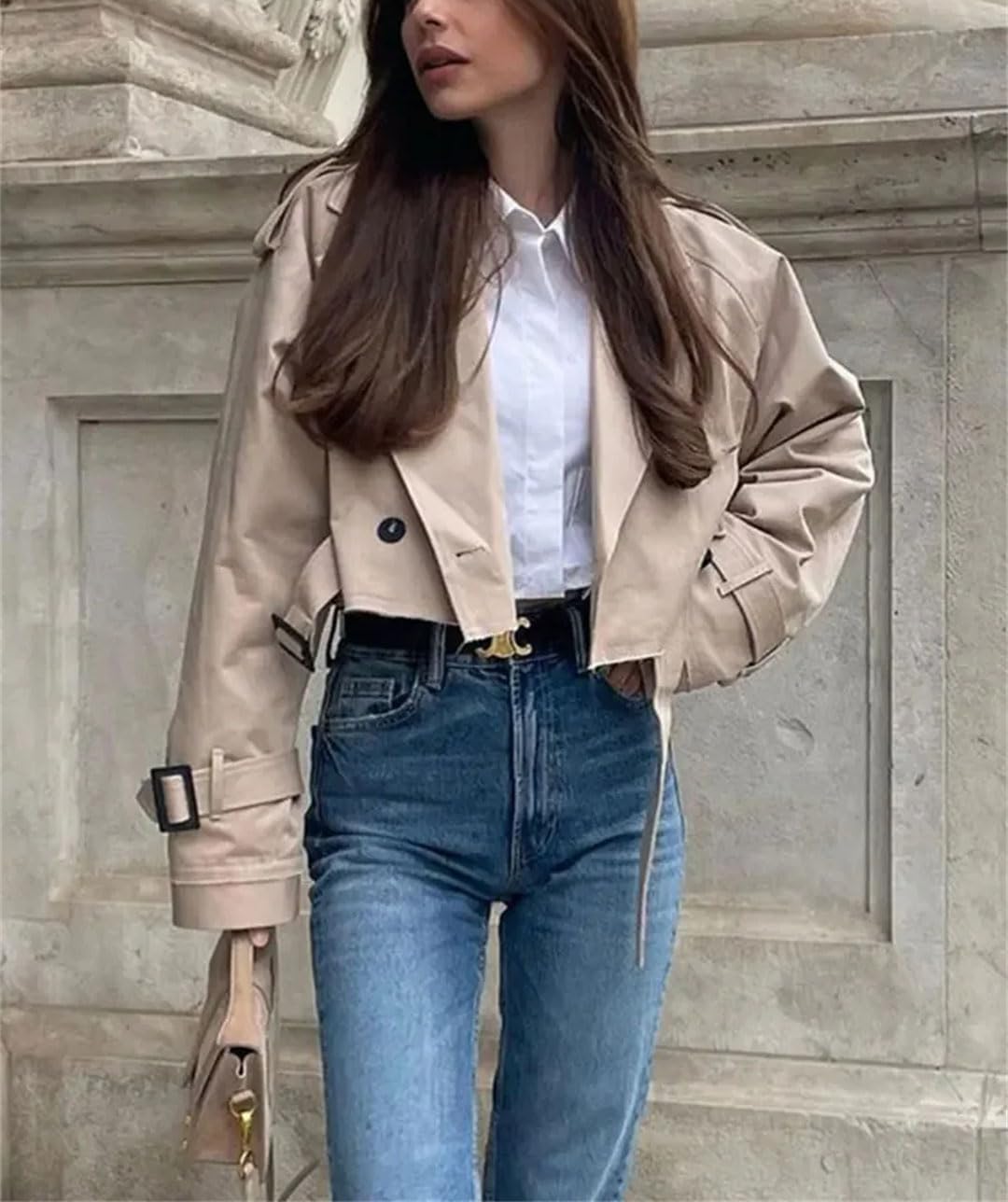 Women with Pocket O Neck Casual Coat Long Sleeve Button Elegant Cropped Raw Edge Blazers