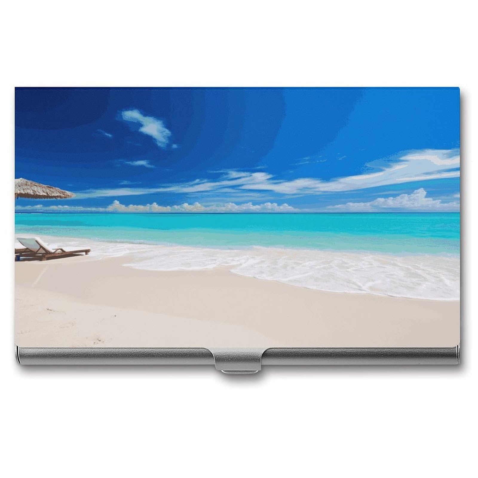 FekiLoot White Beach Tropical Sea Business Card Holder for Men Women Metal Slim Organizer Business Card Carrier Wallet Name Cards Holder Retro Slim Pocket Purse Small Portable Card Case