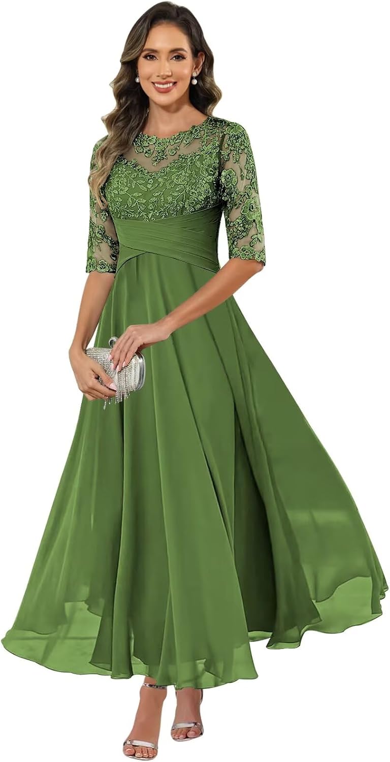 Tea Length Mother of The Bride Dresses for Women Lace Chiffon Half Sleeve Formal Wedding Guest Dress