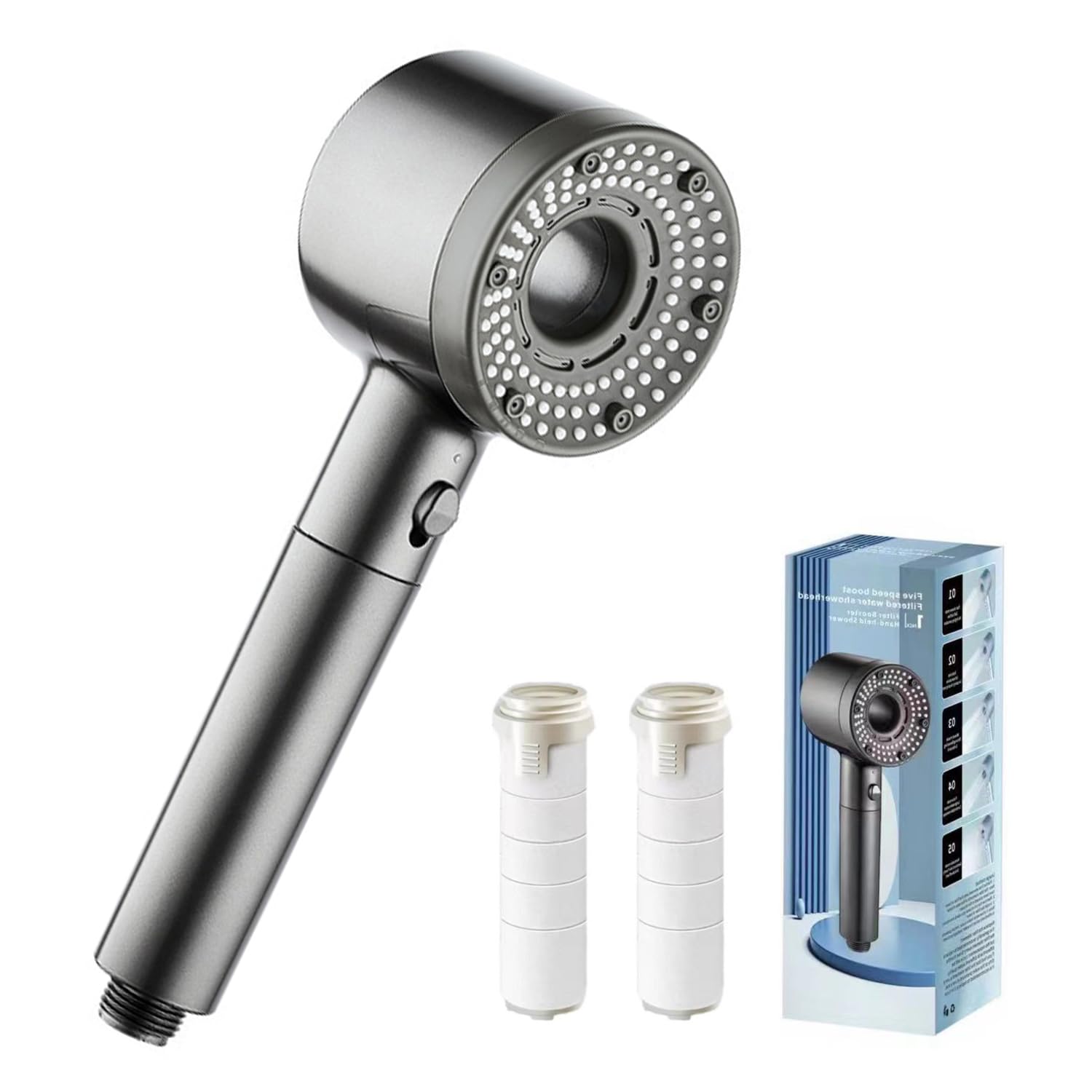 Wassersparender Duschkopf mit 5 Strahlarten - Hochdruck Handbrause mit Filter und Stoppfunktion - Universell einstellbar