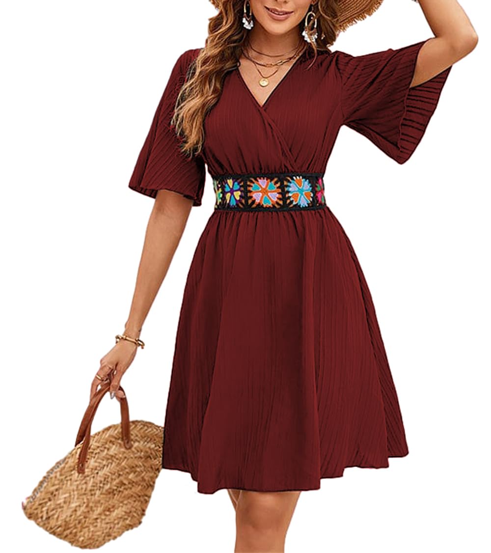LightlyKiss Women's V-Neck Short Flutter Sleeve Wrap A-Line Dress - Casual Embroidered Belt Beach Holiday Dress