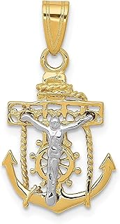Colar de dois tons de ouro amarelo 14 k âncora náutica roda de navio marinheiros cruz religiosa pingente colar marinheiro crucifixo joias finas para mulheres presentes para ela