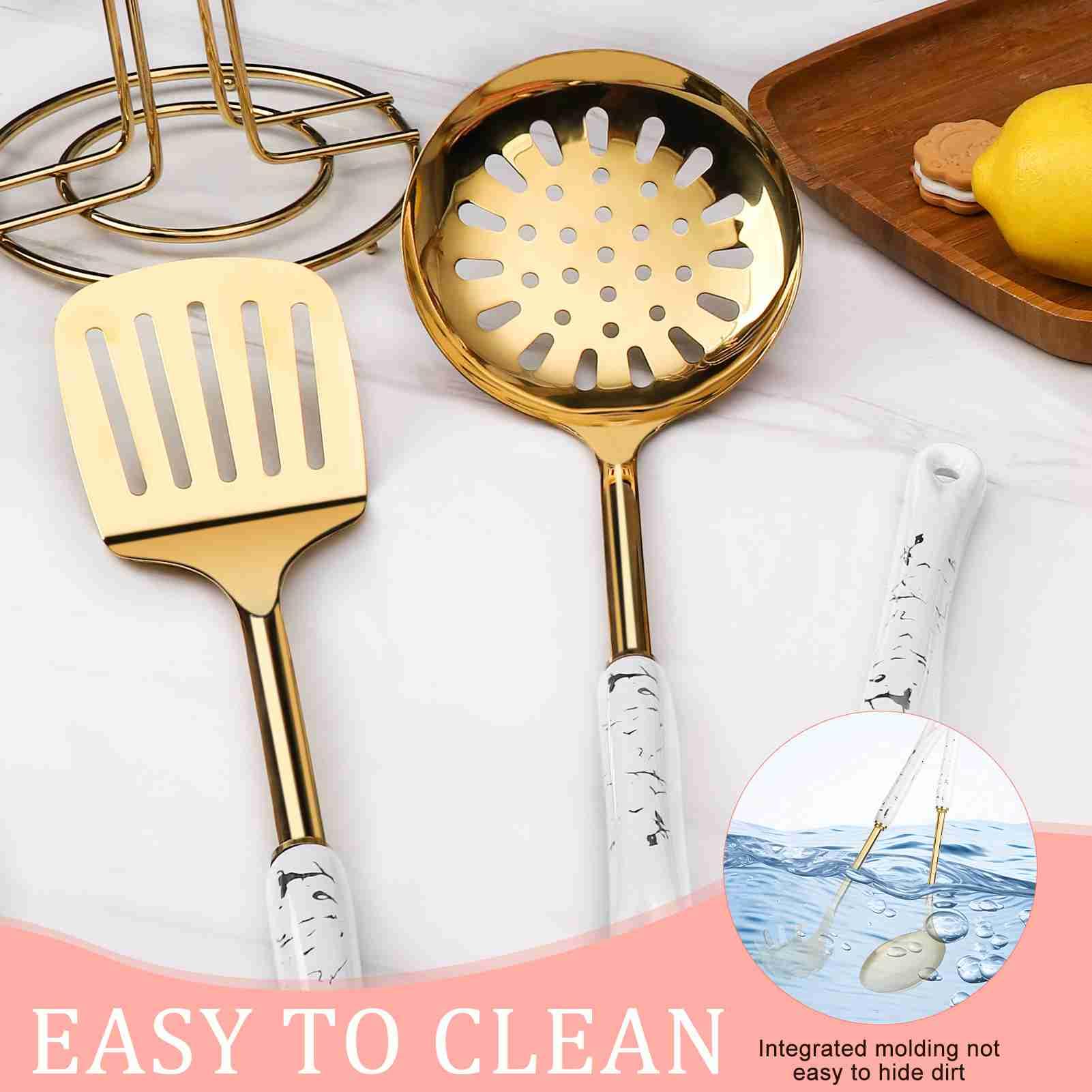 Hapvida Juego de utensilios de cocina, utensilios de acero inoxidable con mangos de cerámica, incluye espátula, cuchara, cucharón, triturador, espumadera, prensa de ajo, estante