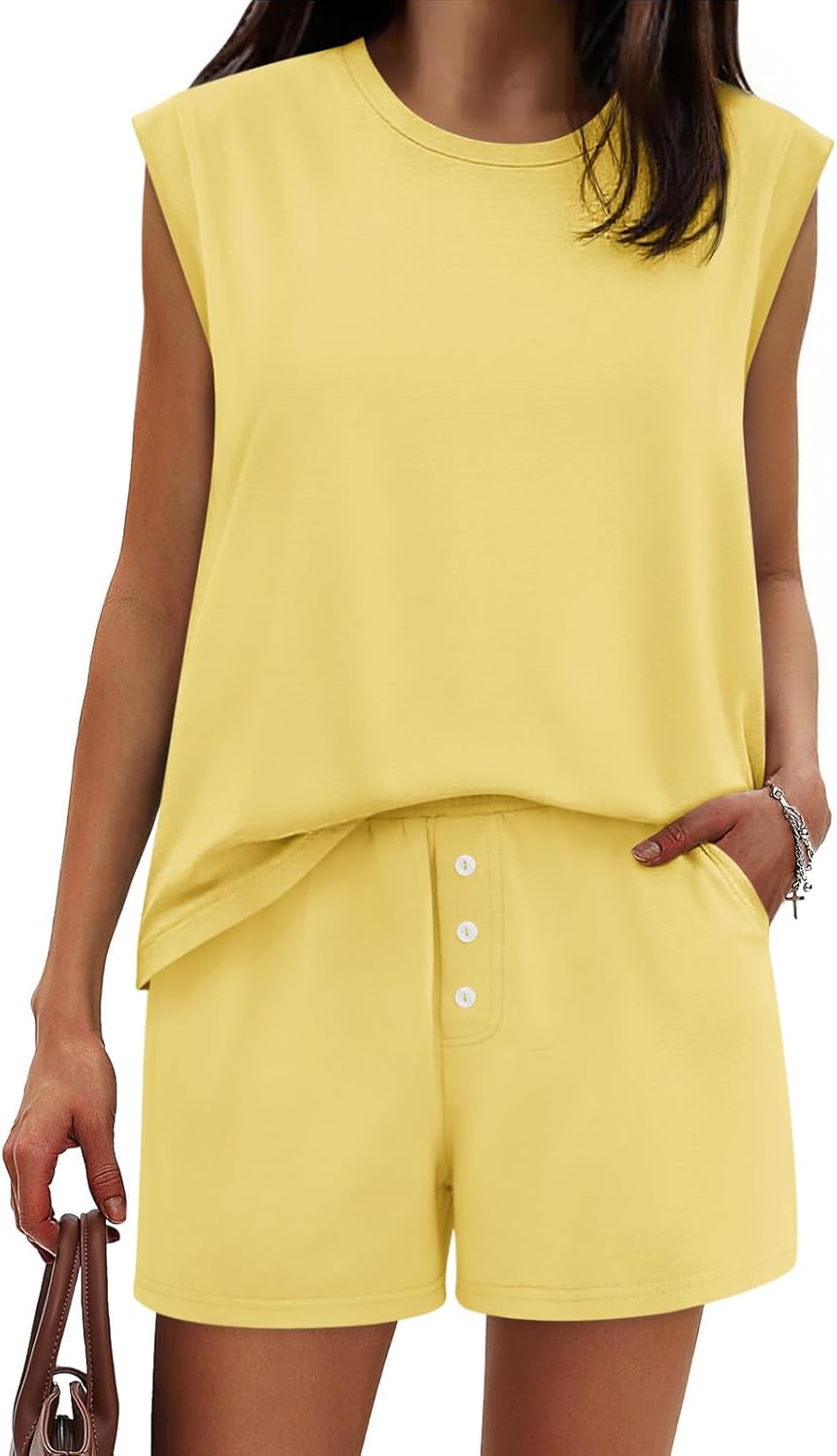 Tankaneo Womens 2 Piece Summer Outfits Casual Crewneck Sleeveless Tank Tops and Shorts Lounge Matching Sets