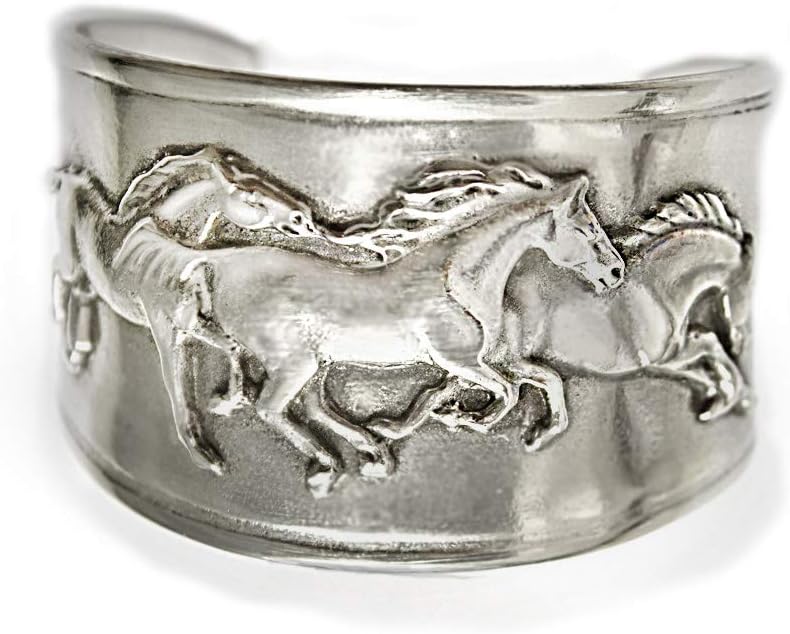 Horse Lady Gifts bracelets, Galloping Mustangs Frieze on cuff bracelet handmade artist USA in silvery pewter