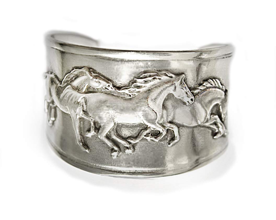 Horse Lady Gifts bracelets, Galloping Mustangs Frieze on cuff bracelet handmade artist USA in silvery pewter