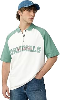 The Souled Store Pine Men and Boys Short Sleeves Collared Neck Green and White Graphic Printed Cotton Oversized Polos