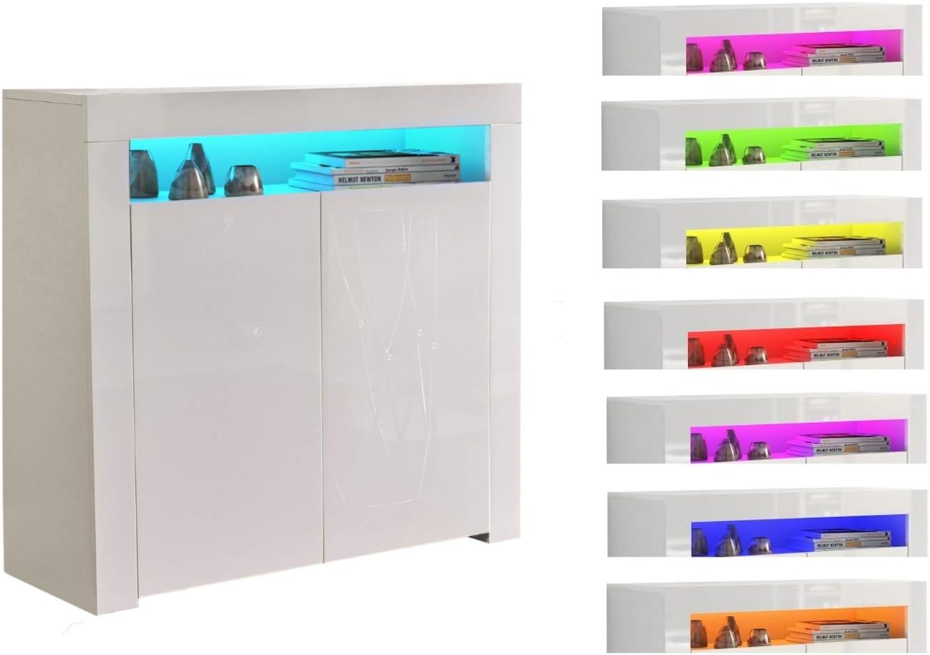 Impact Furniture Modern White High Gloss Sideboard with Multicolour RGB LED Lights Quality Cupboard Small Square Cabinet Unit White High Gloss Top & Doors/White Matt Body LILY
