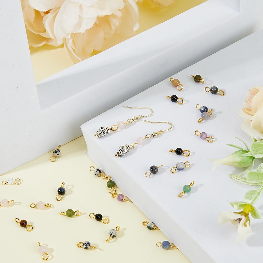 DICOSMETIC 120Pcs 12 Styles Gemstone Connector Charm 4mm Round Stone Link Charms Natural Quartz Crystal Charms Stone Pendants with Double Loops for DIY Bracelet Necklace Jewelry Making, Hole: 2.3mm