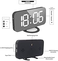 Vista 5 de Miowachi Reloj despertador digital, reloj LED de espejo grande, repetición, luz nocturna tenue, 2 puertos de cargador USB, reloj despertador de Negro