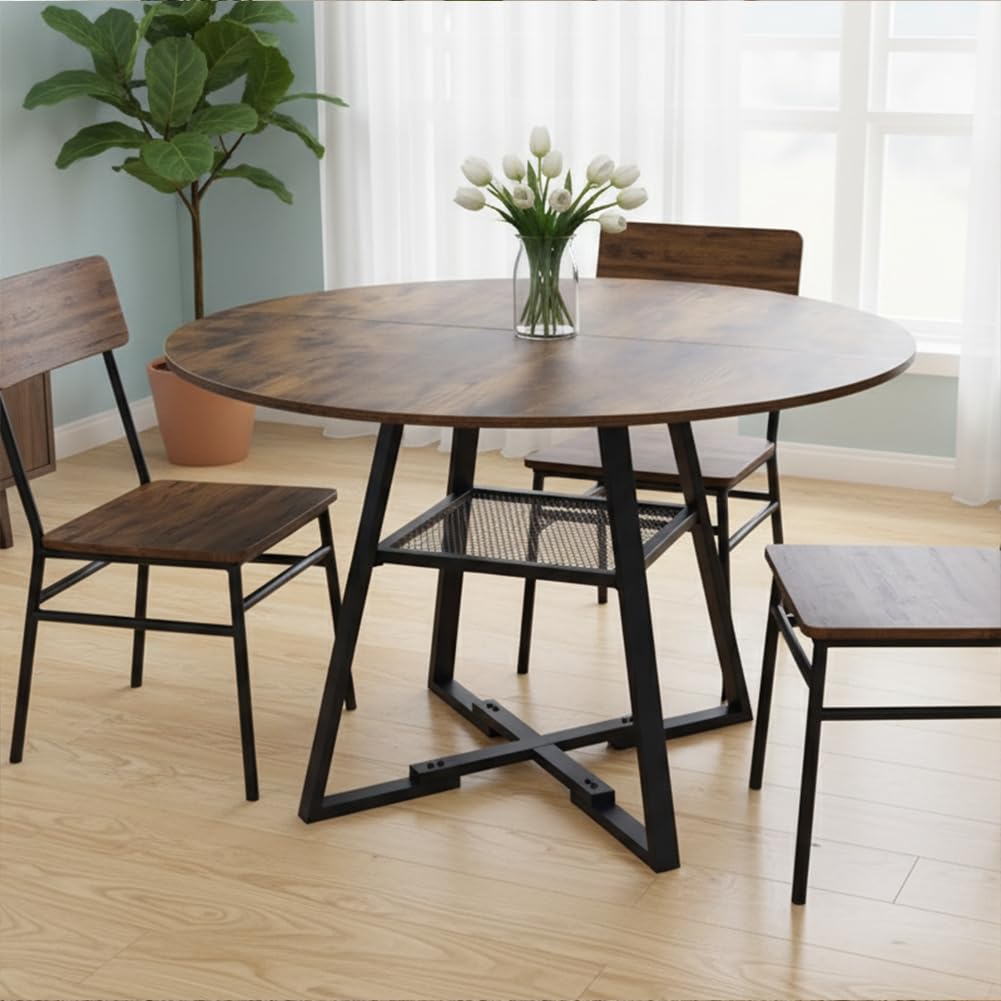 Shally Dogan Tavolo Rotondo per Sala da Pranzo e Cucina Diametro 120cm, Gambe in Metallo con Ripiano Portaoggetti Inferiore e Piano in Legno, Ideale per Casa e Ufficio, Industrial