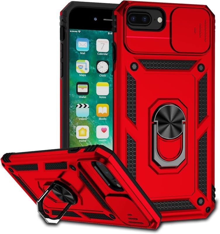 ConnectPoint Case for iPhone 7 Plus, Shutter Heavy Duty Hard Tough Silicone TPU Dual Layer Hybrid Shockproof Cover,Ring Kickstand for iPhone 7 Plus - Red