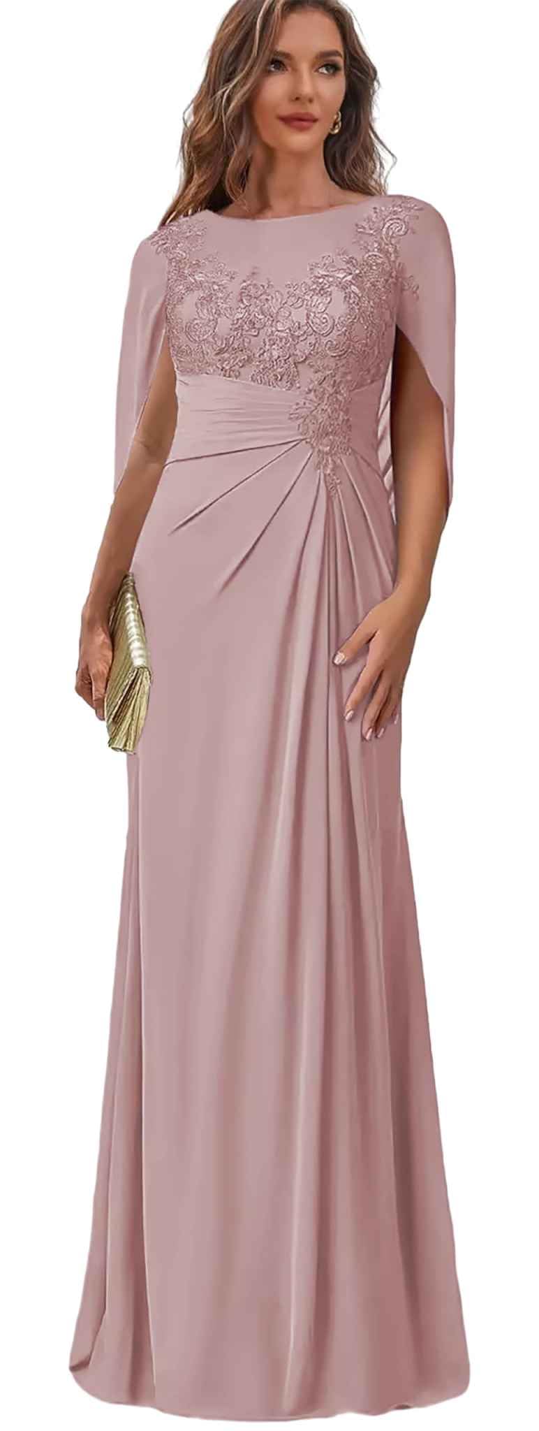 Damen Brautmutterkleid Rundhals Lang - Spitzen Abendkleid für Hochzeit Chiffon Maxi Hochzeitsgastkleider