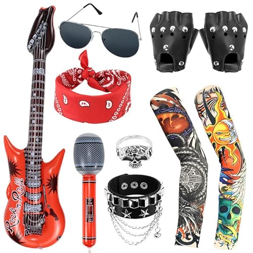 Dreamtop 10Pcs Punk Rockstar Fancy Dress Gothic Rocker Costume Set Rock Star Heavy Metal Accessories with Gloves Sunglasses Bandana Tattoo Sleeves Bracelet Ring Inflatable Guitar Microphone