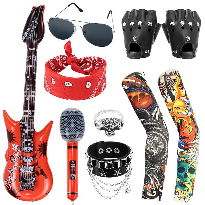 Dreamtop 10Pcs Punk Rockstar Fancy Dress Gothic Rocker Costume Set Rock Star Accessories with Gloves Sunglasses Bandana Tattoo Sleeves Bracelet Ring Inflatable Guitar Microphone