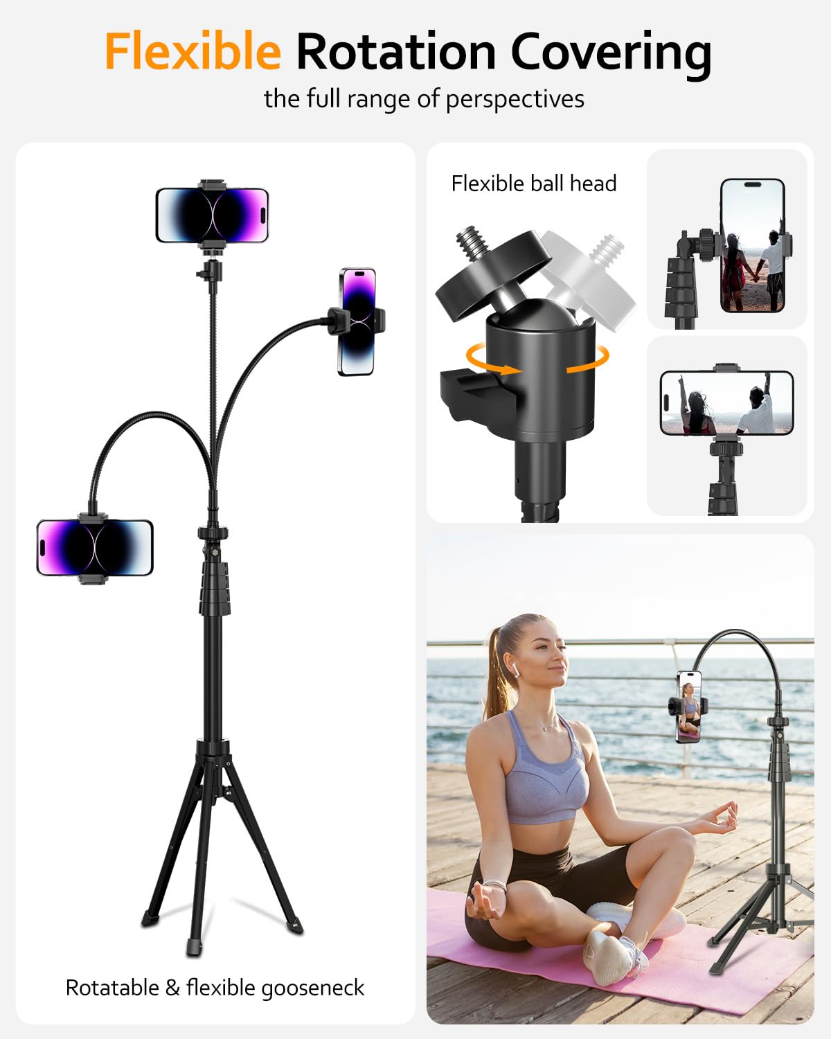 Aureday Supporto per cellulare da 88" per selfie con tubo flessibile da 14,95", telecomando Bluetooth e supporto per telefono cellulare, supporto per iPhone, telefoni Android e fotocamere