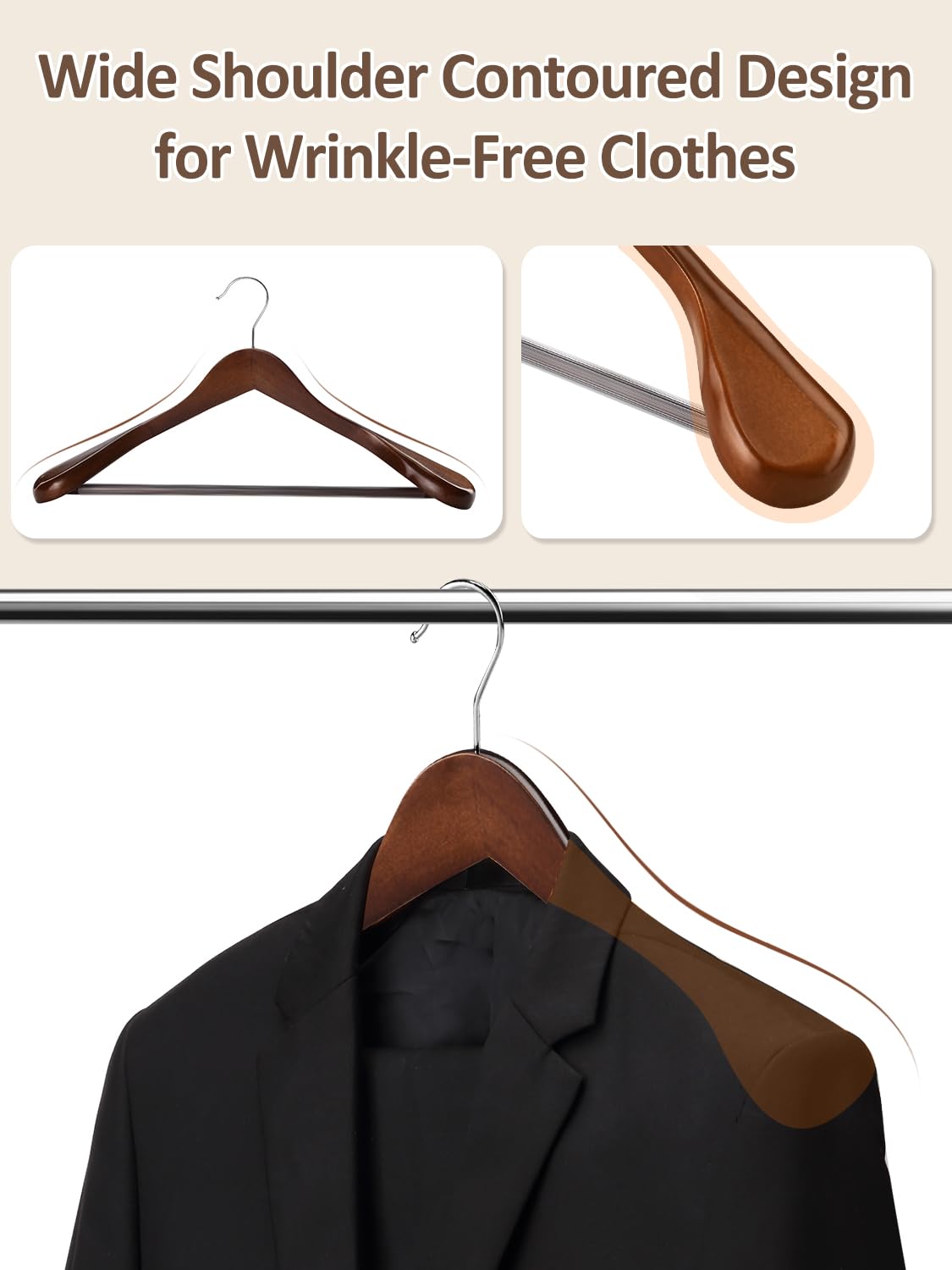 AMKUFO Perchas de madera de hombro ancho, paquete de 8 perchas con barra antideslizante para pantalones, perchas de madera resistentes con acabado suave, gancho giratorio de 360° para suéter, chamarra