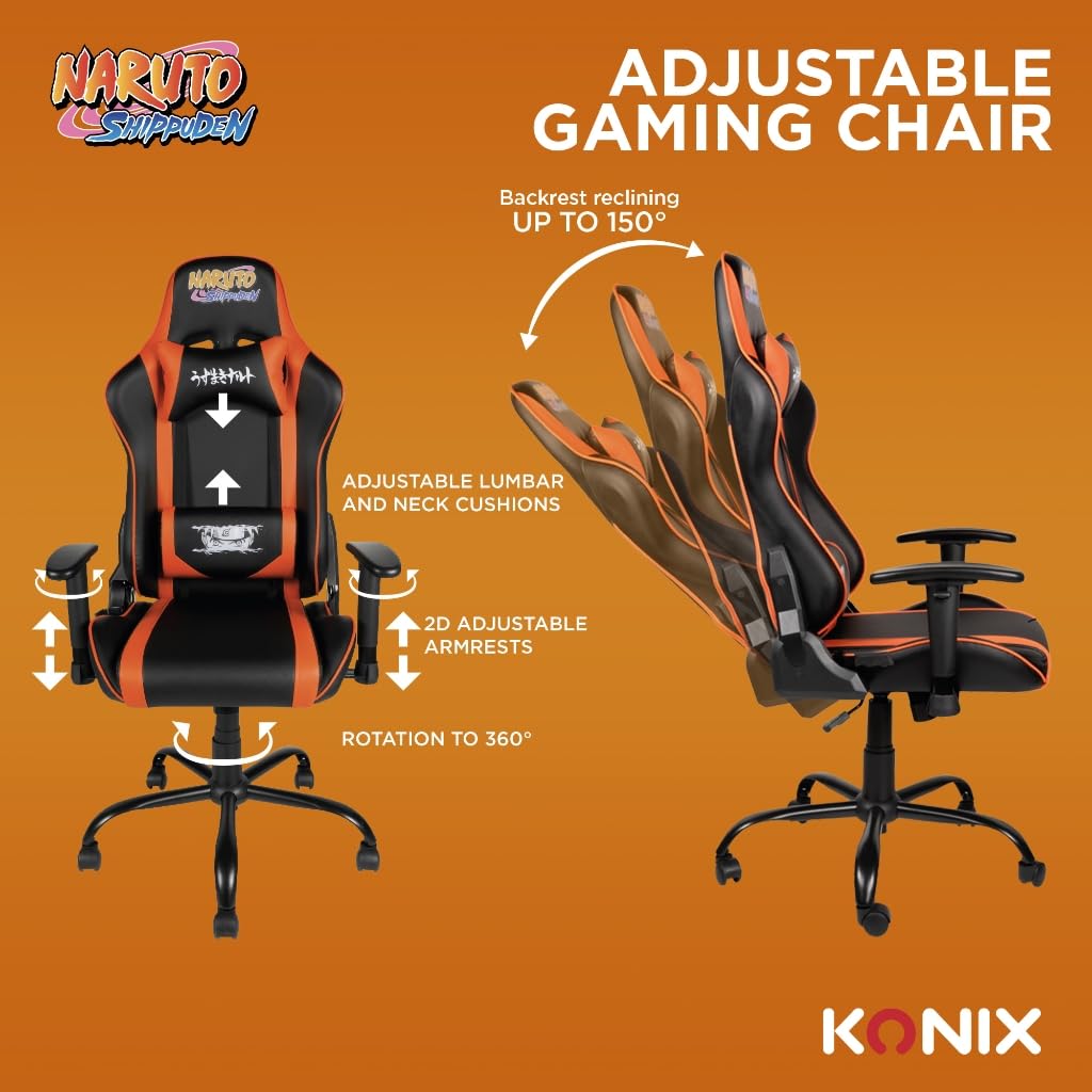 Konix Naruto Shippuden Sedia gaming premium - Inclinazione del sedile fino a 150° - Pelle PU liscia - Design Naruto Hokage - Nero e arancione