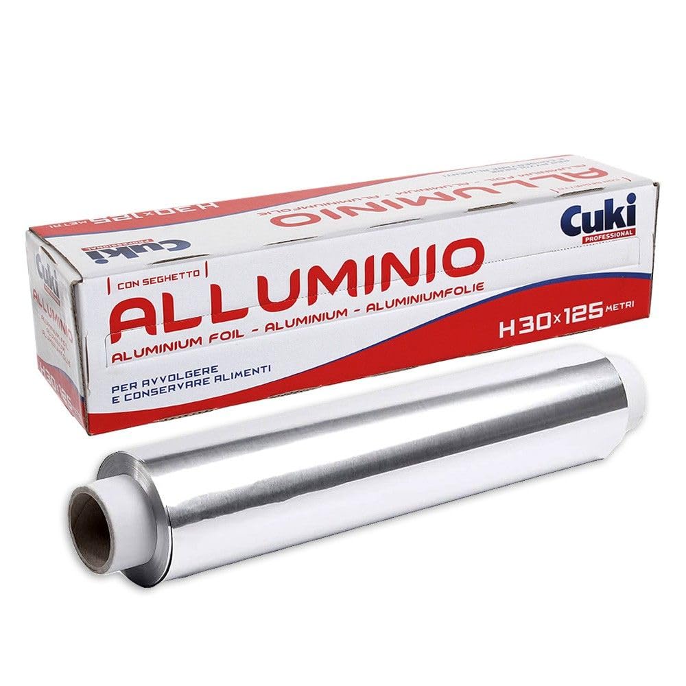 Rotolo Alluminio Alimentare 30 cm x 125 m, 11 Micron, con Seghetto e Dispenser, Carta Alluminio Professionale per Cottura Forno, Conservazione Frigo e Freezer