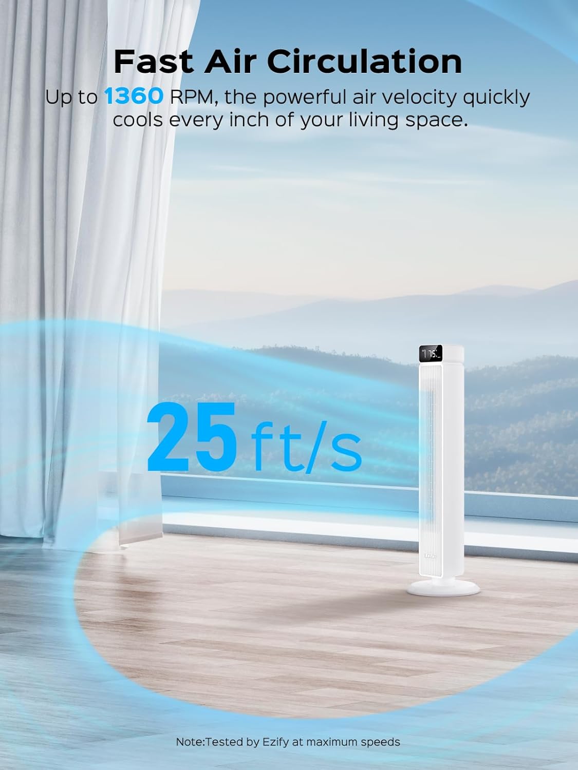 Ezify Tower Fan demonstrating 25 feet per second airflow velocity for fast air circulation.